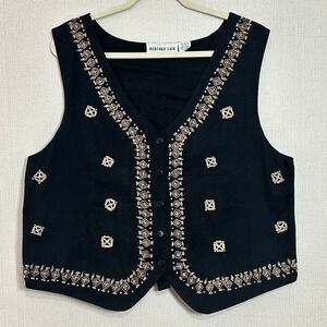 Vintage 90s Black Beaded Embroidered Bedford Fair Vest Womens XL Boho Indie